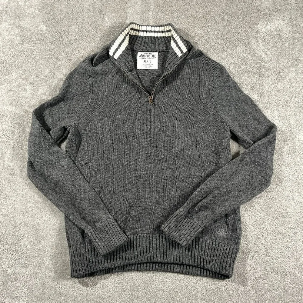 Aeropostale Mens Gray 1/4 Zip Pullover Sweater 987 XL Ribbed Collar Lounge Cozy‎